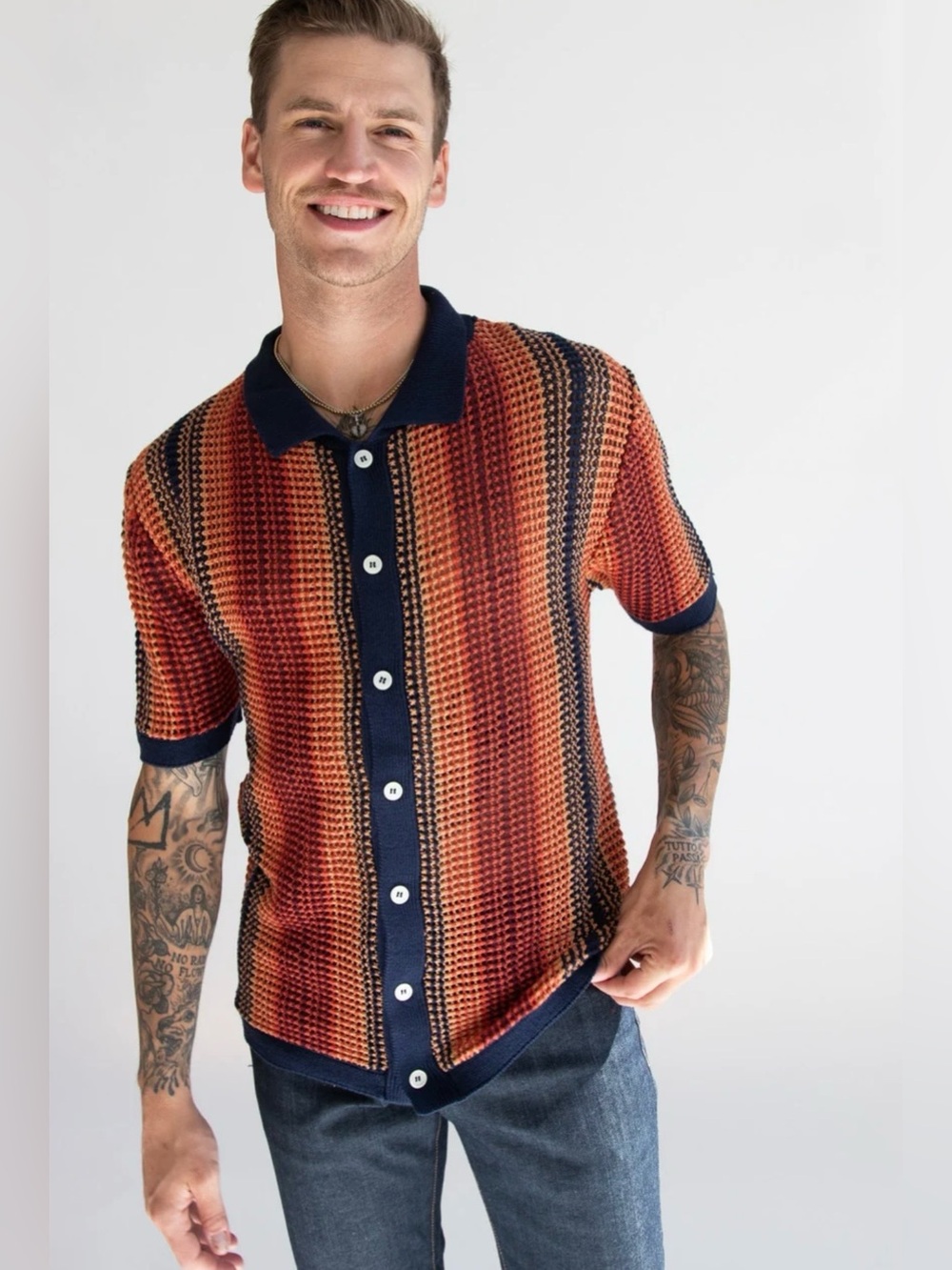 Massive Luxury Venice Crochet Button Down Multicolor Shirt Small